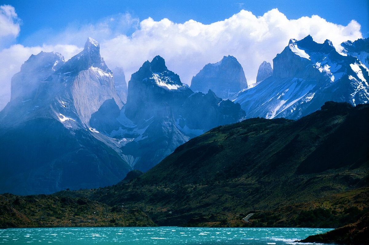 The granite towers of Torres del Paine above a turquoise lake in Chilean Patagonia