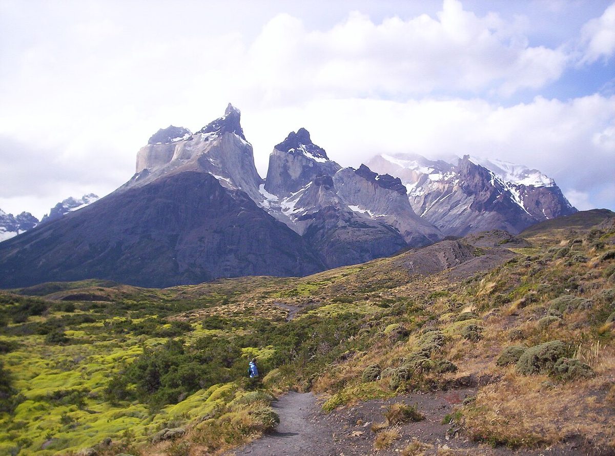 Cuernos del Paine horns rising above the lake, the view from central lodges in Torres del Paine