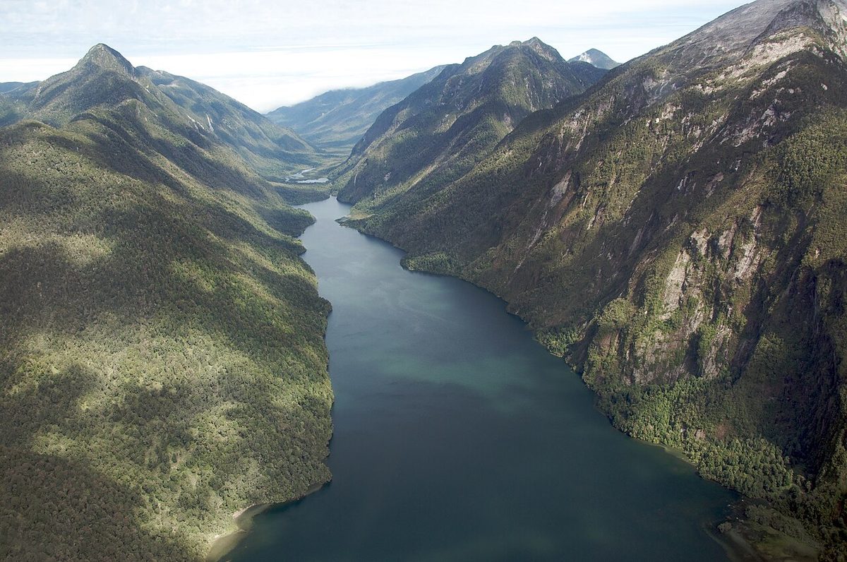 Fjord and rainforest at Caleta Gonzalo in Pumalin National Park on the northern Carretera Austral