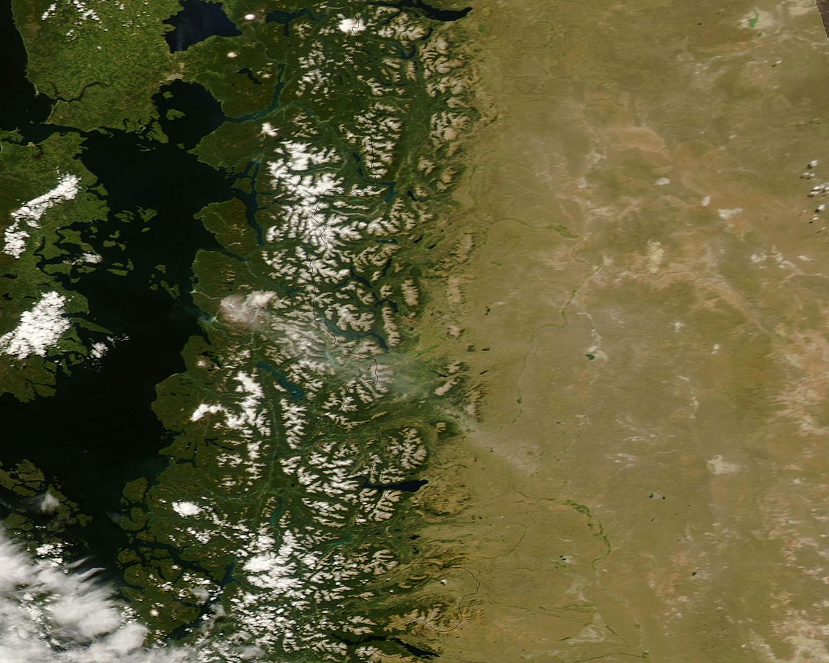 The Chaiten volcano above ash-covered forest after the 2008 eruption near Pumalin