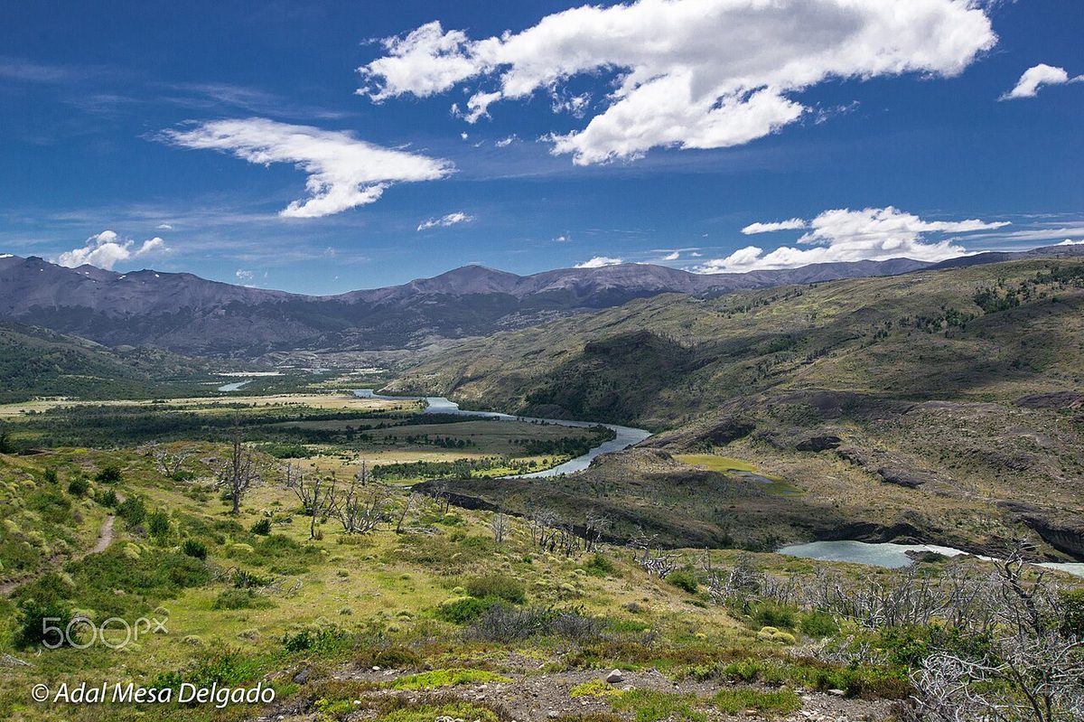 A backpacker hiking in Torres del Paine, Chilean Patagonia