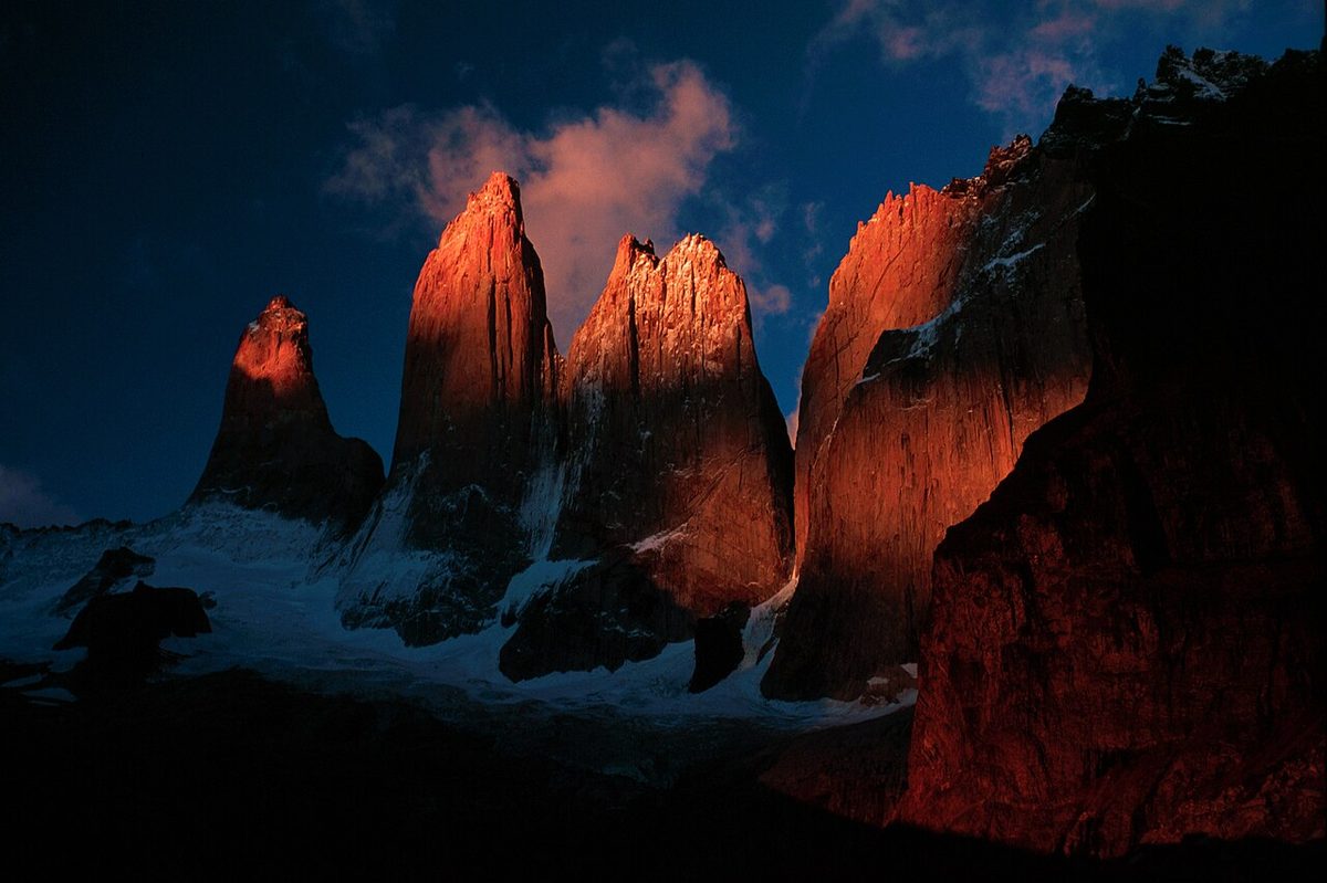 A hiker at sunrise in Torres del Paine, Chilean Patagonia