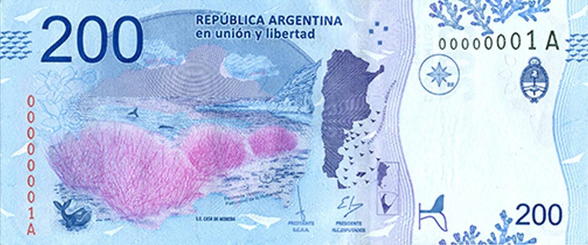 An Argentine peso banknote - the currency whose repeated devaluations make Patagonia prices a moving target