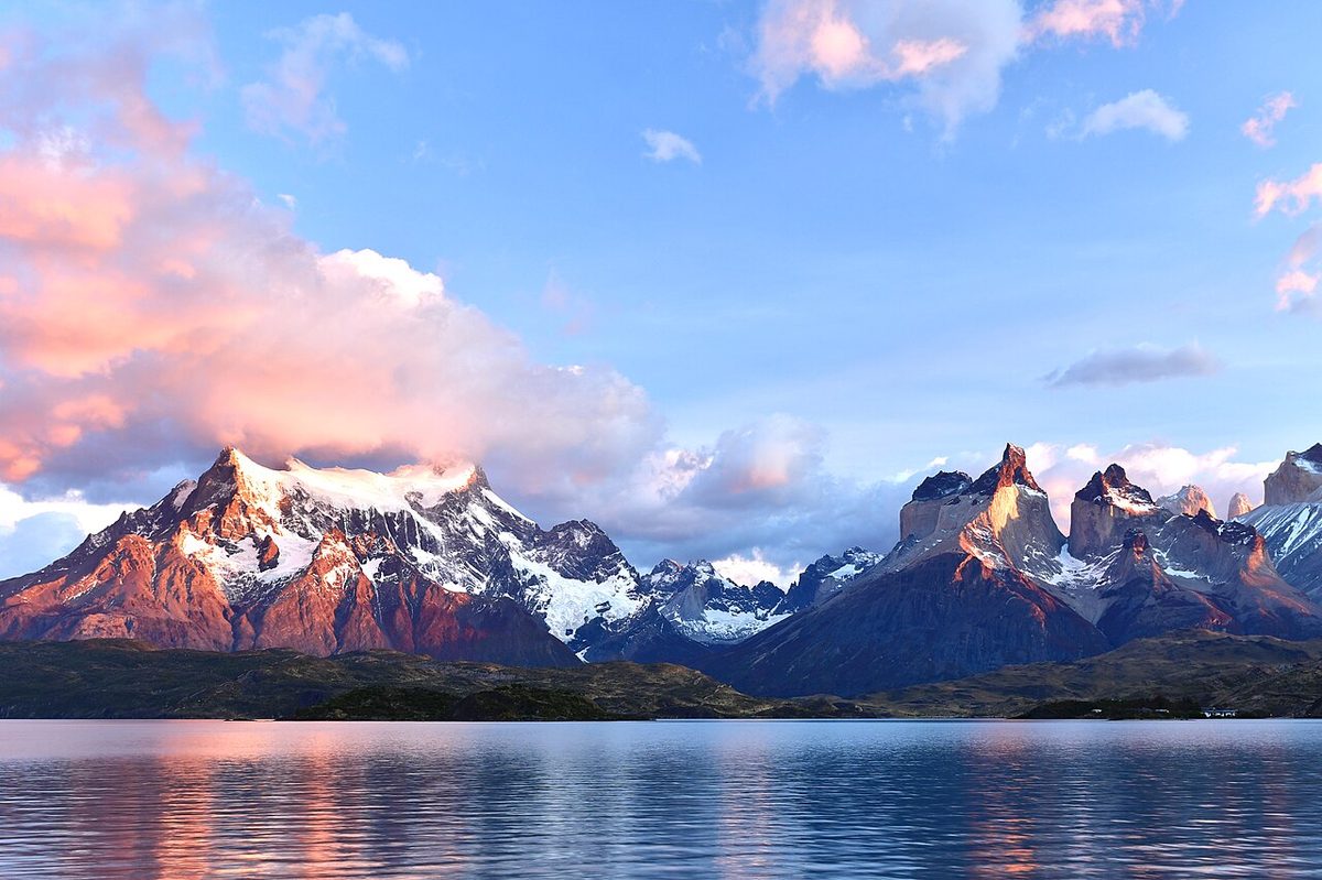 Lago Pehoe and the Paine horns at first light, the view commanded by Patagonia's premium lodges