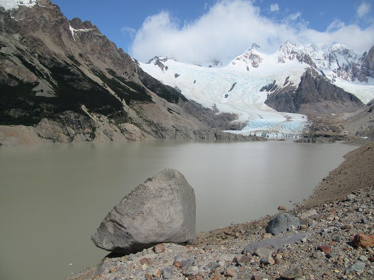 Laguna Torre below Cerro Torre near El Chalten, the long but nearly flat media-graded day hike that starts on foot from town