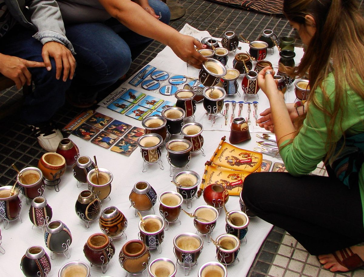 Mate gourds and bombillas for sale at an artisan market in Argentina