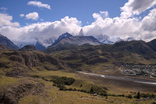 The small town of El Chaltén at the foot of the Fitz Roy massif, the trekking base in Argentine Patagonia where trails start at the edge of town