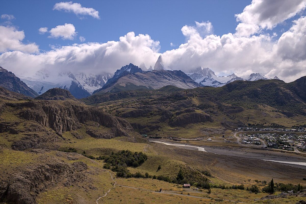 The small town of El Chaltén at the foot of the Fitz Roy massif, the trekking base in Argentine Patagonia where trails start at the edge of town