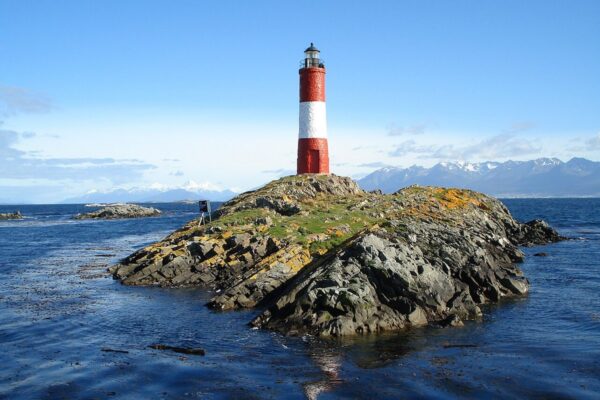 Les Eclaireurs lighthouse on its rocky islet in the Beagle Channel off Ushuaia