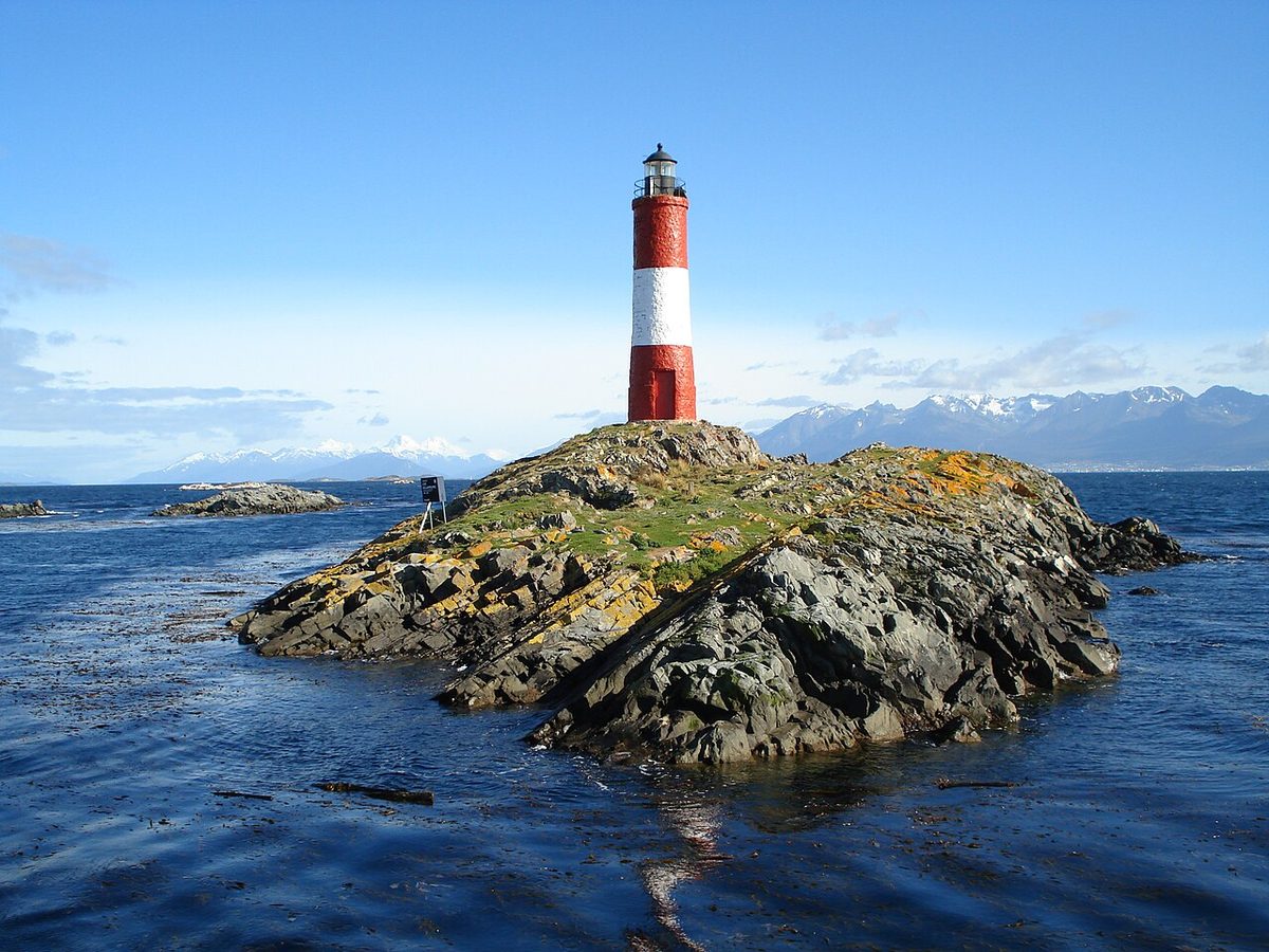 Les Eclaireurs lighthouse on its rocky islet in the Beagle Channel off Ushuaia