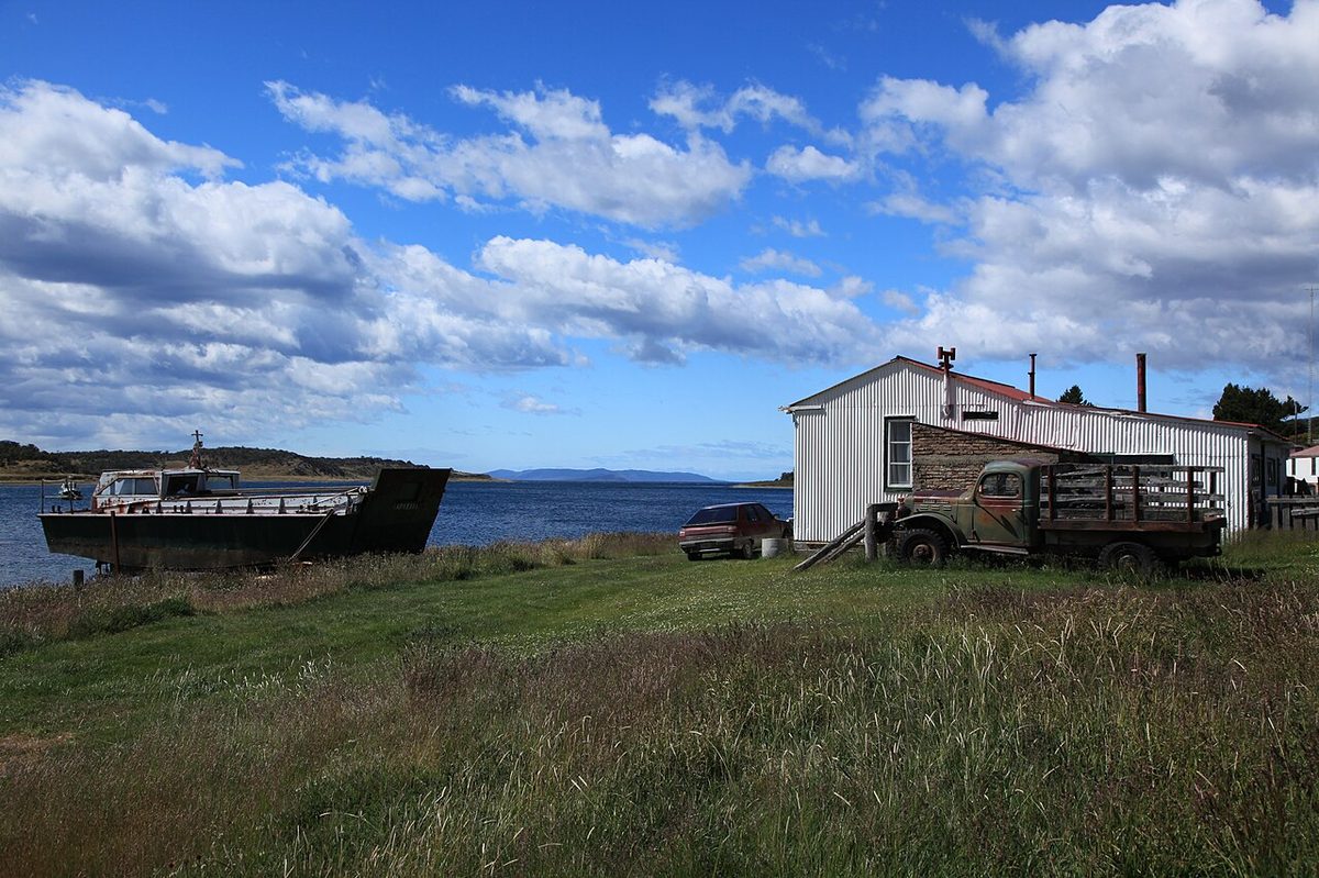 The farm buildings of Estancia Harberton on the shore of the Beagle Channel east of Ushuaia