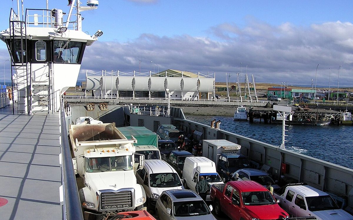Cars and trucks parked on the deck of a car ferry at the Porvenir terminal on the Strait of Magellan
